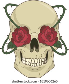 painted skull with red roses instead of eyes