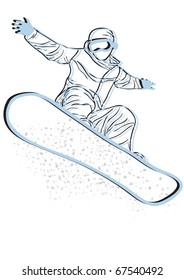Painted snowboarder stretching his hands and jumping