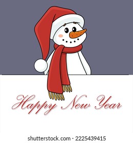 A painted snowman in a Santa Claus hat and a red scarf. Carrot nose. Button eyes. A symbol of the New Year and Christmas. Vector illustration. Perfect for decorating your holiday, postcards, napkins, 