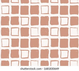 Painted squares simple seamless vector pattern. Coral hand painted squares forming a geometric pattern on white background. 