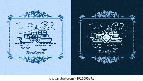 Painted steamer, Travel by sea, Vintage ornament greeting card vector template. Retro wedding invitation, advertising or other design and place for text, Vector illustration