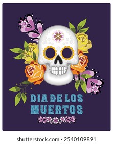 Calavera de azúcar pintada con corona floral. Festival del Día de Muertos en México. Concepto del Día de los Muertos. Ilustración vectorial plana.