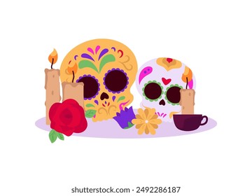 Painted sugar skulls with burning candles and flowers vector flat illustration. Mexican Dia de los muertos day. Decorative craniums with floral pattern. Face masks for Day of the dead celebration