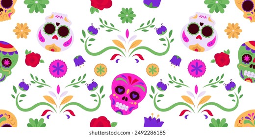 Calaveras de azúcar pintadas y flores en el patrón sin costuras del Vector. Día mexicano de los muertos. Cráneo decorativo con adorno floral. Cabeza de máscara facial tradicional para la celebración del Día de los Muertos