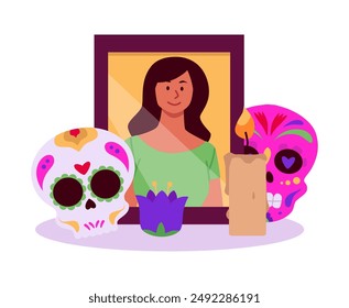 Painted sugar skulls with portrait of a woman, burning candles and flowers vector flat illustration. Mexican Dia de los muertos day. Face masks for Day of the dead celebration, funeral altar