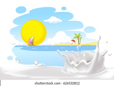 painted summer beach landscape with milk splash design - vector illustration