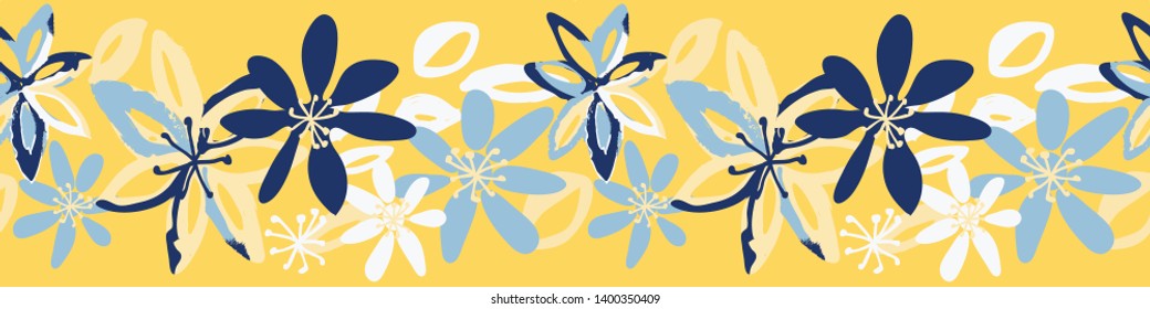 Painted summer floral seamless border, great for fabric trim and textile edging, banners, ribbon, decorative tape and wallpaper applications. Tropical and sunny colors, yellow, blue and white.