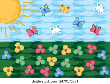 Painted summer landscape. Flowers, Sun, Butterflies Vector Flat Design isolated on white background