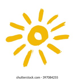 Painted sun icon. Yellow colour. Grunge design element for weather forecast website. Brush strokes texture. Distress vector illustration. Isolated on white background. Cute childish style sunny symbol