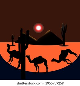 A painted sunset illuminating the desert and 3 camels walking on the black sand one by one.