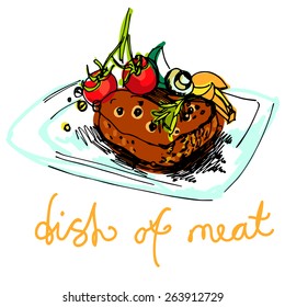 Painted supper with steak, tomato, mushrooms, pepper, rosemary, potato. Dish of meat