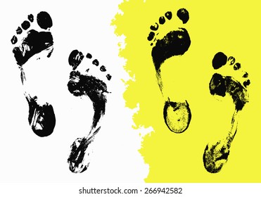 Painted texture black foot imprint. Realistic vector footprint silhouette. Footcare symbol. Travel concept. isolated on white barefoot. Walking isolated on grunge yellow and white background.