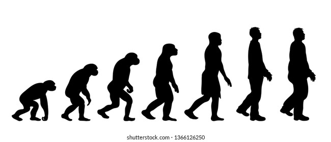 Painted theory of evolution of man. Vector silhouette of homo sapiens. Symbol from monkey to fat man.