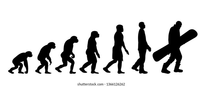 Painted theory of evolution of man. Vector silhouette of homo sapiens. Symbol from monkey to snowboarder.