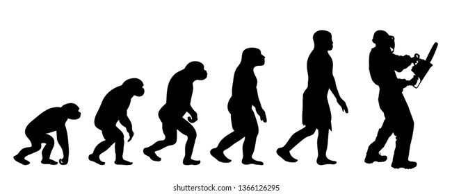 Painted theory of evolution of man. Vector silhouette of homo sapiens. Symbol from monkey to worker with chainsaw.