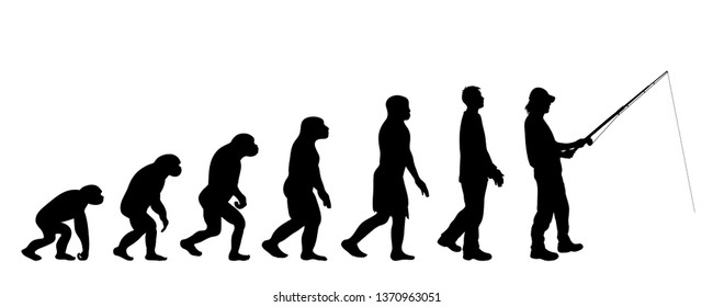 Painted theory of evolution of man. Vector silhouette of homo sapiens. Symbol from monkey to fisherman.