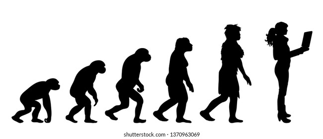 Teoría pintada de la evolución del hombre. Silueta vectorial de homo sapiens. Símbolo de mono a mujer de negocios.