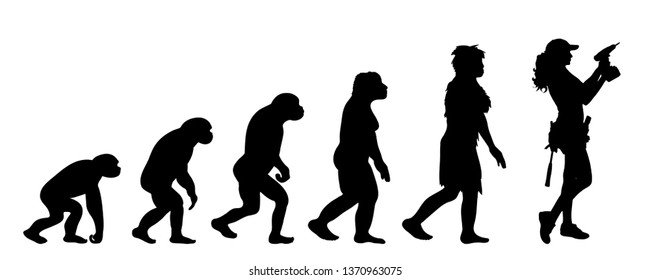 Painted theory of evolution of man. Vector silhouette of homo sapiens. Symbol from monkey to worker with drill.