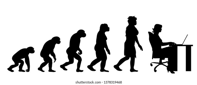 Painted theory of evolution of man. Vector silhouette of homo sapiens. Symbol from monkey to businesswoman.