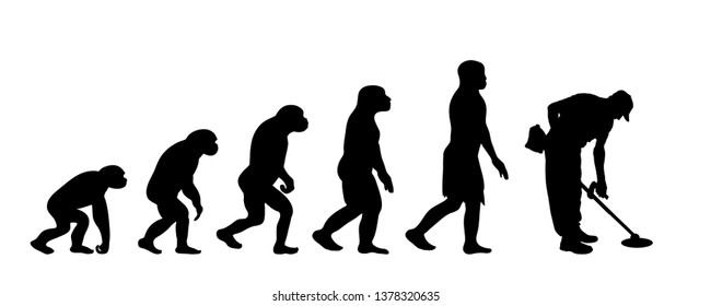 Painted theory of evolution of man. Vector silhouette of homo sapiens. Symbol from monkey to worker with brush cutter.
