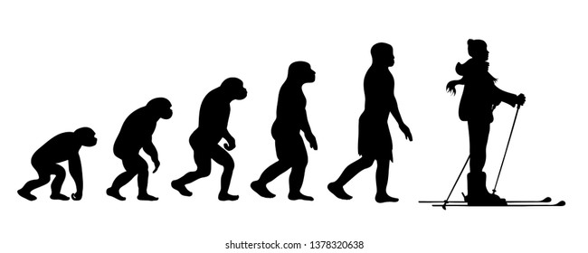 Painted theory of evolution of man. Vector silhouette of homo sapiens. Symbol from monkey to skier.