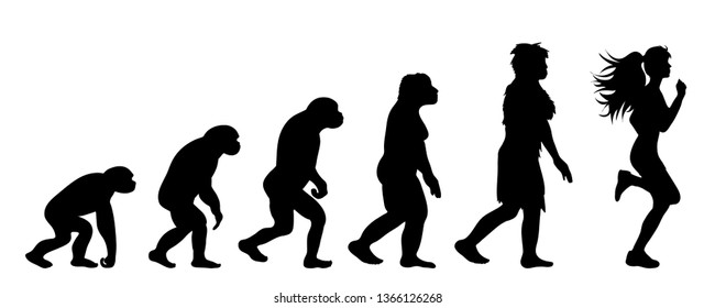 Painted theory of evolution of woman. Vector silhouette of homo sapiens. Symbol from monkey to runner.