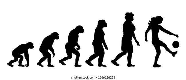 Painted theory of evolution of woman. Vector silhouette of homo sapiens. Symbol from monkey to footballer.
