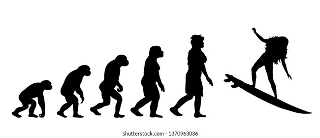 Painted theory of evolution of woman. Vector silhouette of homo sapiens. Symbol from monkey to surfer.