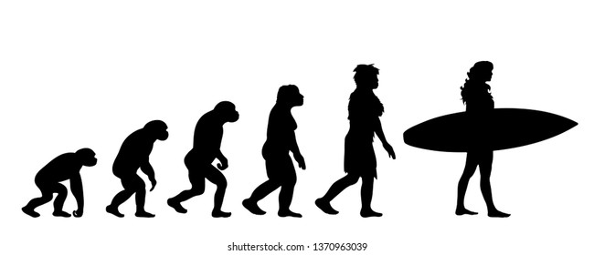 Painted theory of evolution of woman. Vector silhouette of homo sapiens. Symbol from monkey to surfer.