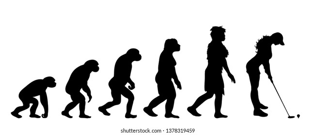 Painted theory of evolution of woman. Vector silhouette of homo sapiens. Symbol from monkey to golf player.