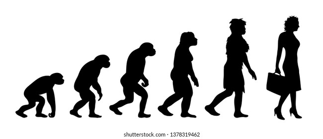 Painted theory of evolution of woman. Vector silhouette of homo sapiens. Symbol from monkey to businesswoman.