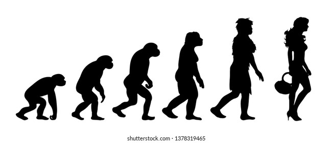 Painted theory of evolution of woman. Vector silhouette of homo sapiens. Symbol from monkey to lady.