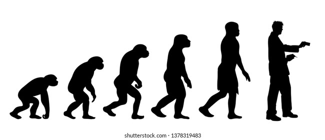 Painted theory of evolution of woman. Vector silhouette of homo sapiens. Symbol from monkey to shopping.