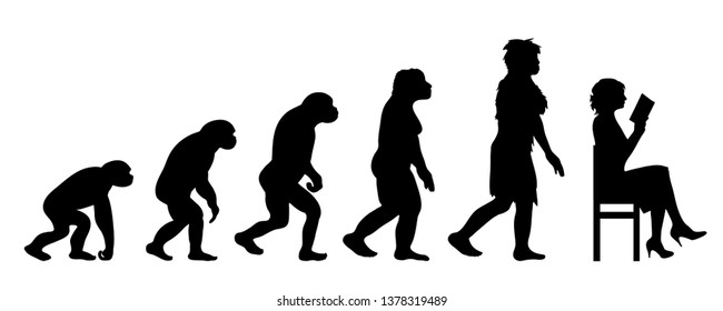 Painted theory of evolution of woman. Vector silhouette of homo sapiens. Symbol from monkey to reader.