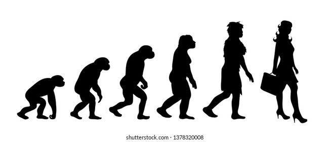 Painted theory of evolution of woman. Vector silhouette of homo sapiens. Symbol from monkey to businesswoman.