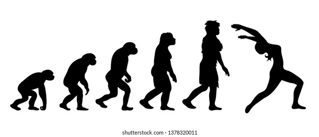 Painted theory of evolution of woman. Vector silhouette of homo sapiens. Symbol from monkey to yoga.