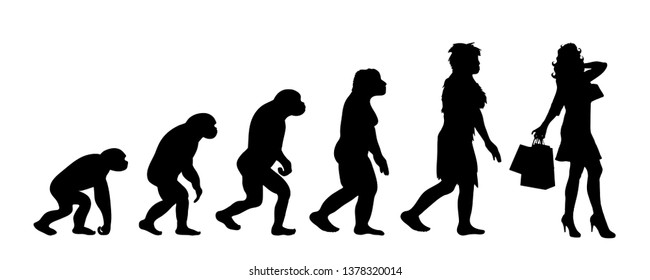 Painted theory of evolution of woman. Vector silhouette of homo sapiens. Symbol from monkey to shopping.