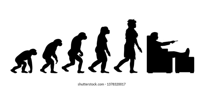 Painted theory of evolution of woman. Vector silhouette of homo sapiens. Symbol from monkey to watcher TV.