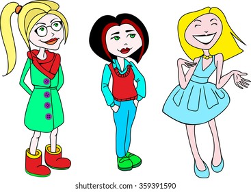 Painted three women of different generations. Girl teen goth. Adult business woman. A young dancer and party girl, in color and vector. Different characters of the girls.