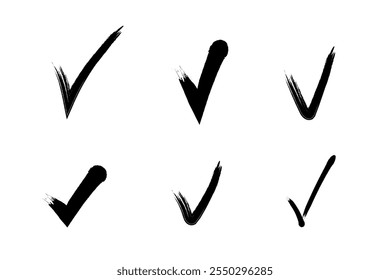 Painted tick mark collection. Check yes symbol vector illustration set. Tick design element to accept, agree or vote for something.