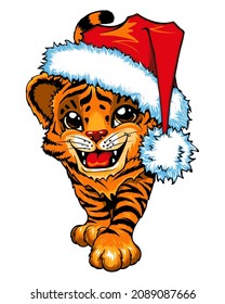 A painted tiger cub in a Santa hat