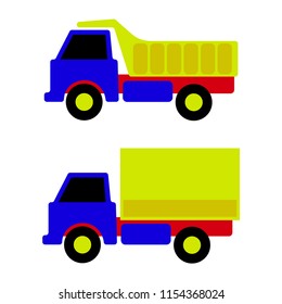 Painted toy trucks. Isolated on white background. Vector.
