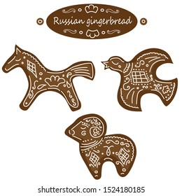 Painted traditional Christmas folk Russian gingerbread cookie with icing, animal shape sweets cookies for holiday. Isolated on white background. Vector illustration.