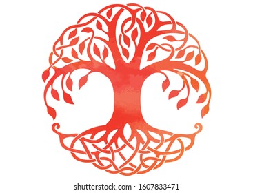 Painted Tree Of Life. Watercolor Tree Of Life Isolated On White Background. Red Painted Tree Of Life