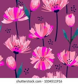 Painted trendy blooming garden pink flowers  seamless vector  Abstract  pattern with isolated hand drawn florals on dark purple background.  illustration.