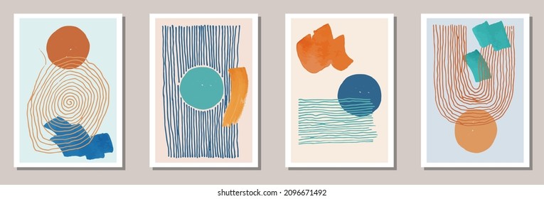 Painted trendy canvas vector collection. Watercolor spots texture. Scandinavian style design. Stylish wall poster templates. Doodle elements.