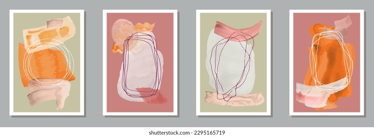 Painted trendy canvas vector set. Watercolor spots backgrounds. Scandinavian style design. Cool home decor layouts. Doodle elements.
