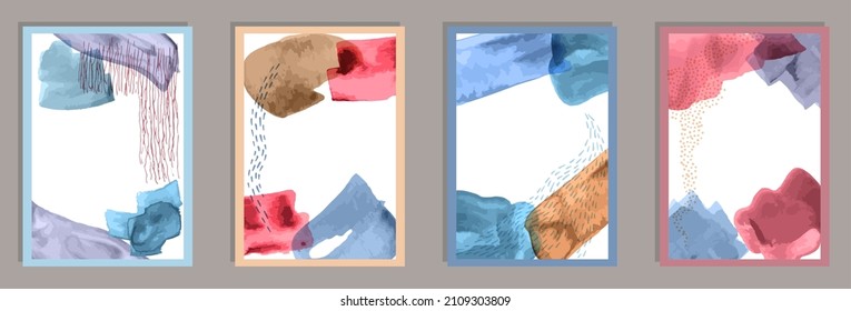 Painted trendy postcards vector collection. Watercolor spots texture. Chinese style design. Stylish home decor layouts. Doodle elements.