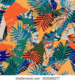 Painted tropical exotic leaves of abstract flowers in cartoon style. Creative universal floral background in tropical style. Hand drawing textures. Tropic leaves in vibrant colors. Vector. Isolated.