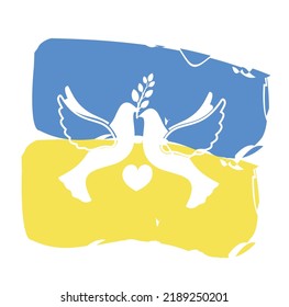 Painted Ukrainian flag with pigeons and heart on white backgroun